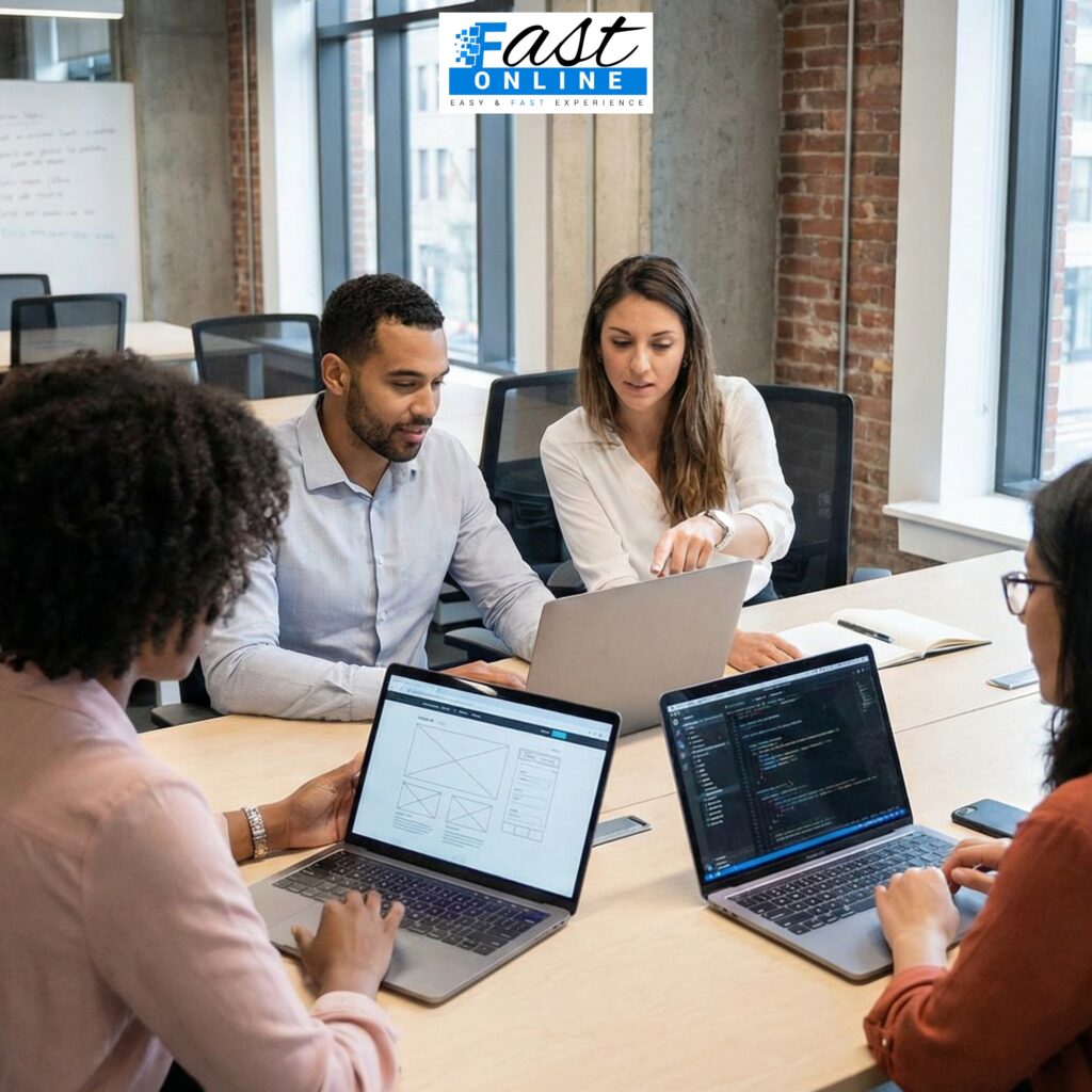 Four people are sitting at a table doing web development in a company Of London