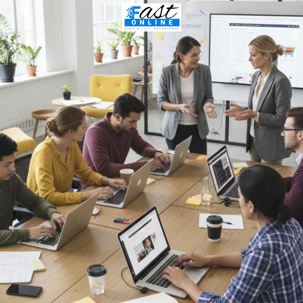 Four persons sitting at a table and doing Web Development in Company of London