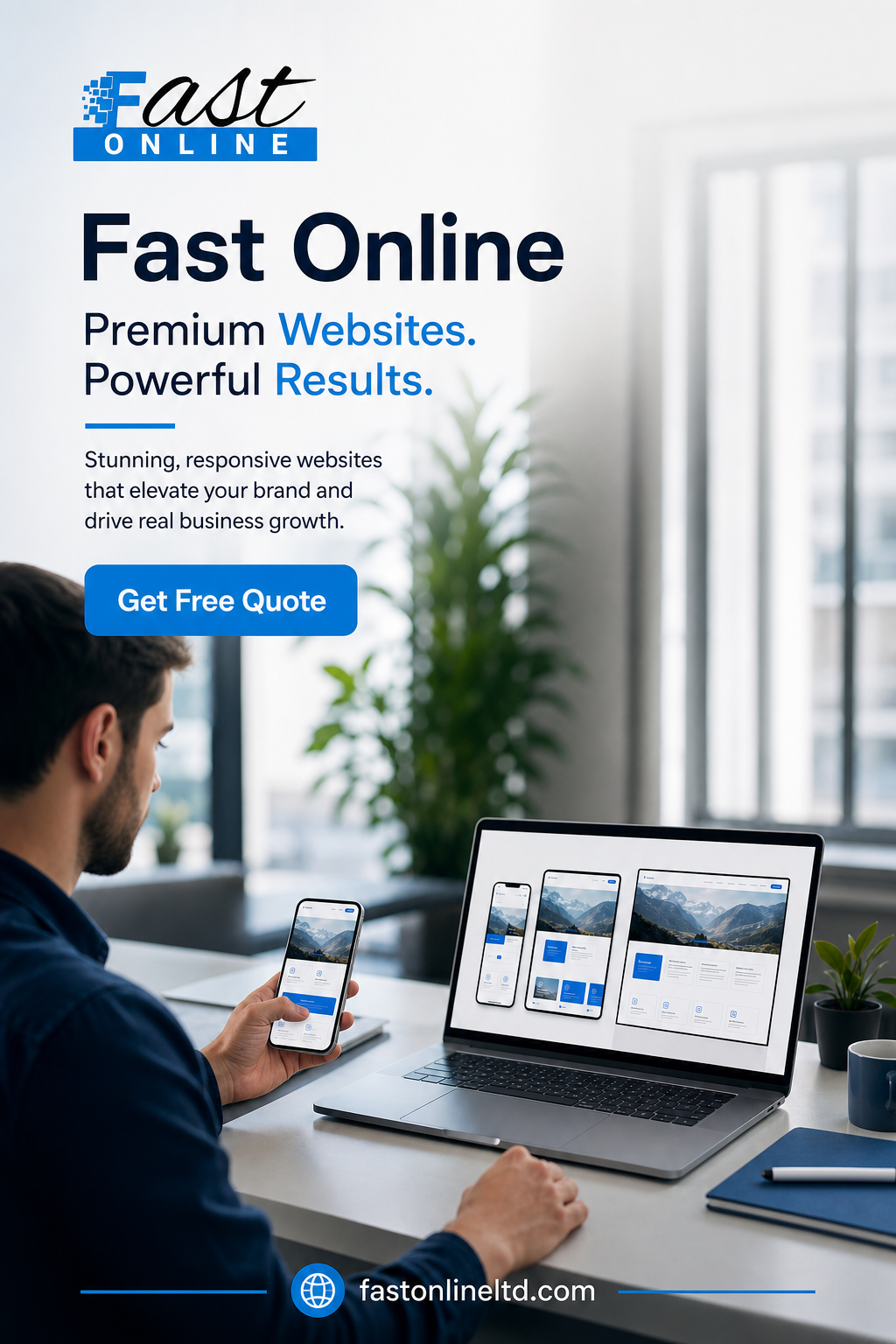 Modern office workspace with a developer using a laptop to plan a mobile-first website layout for improved performance and usability.