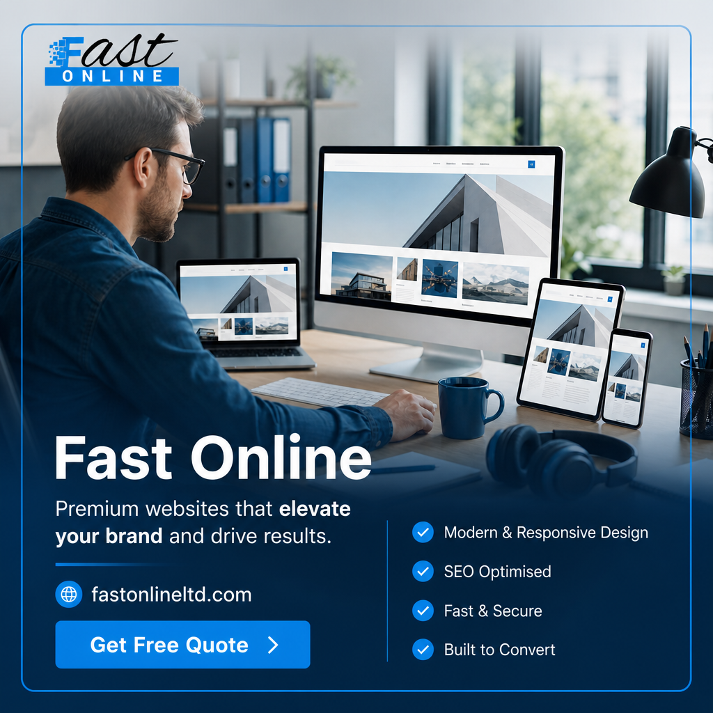 Modern office workspace with a developer using a laptop displaying responsive website layouts across multiple screen sizes.