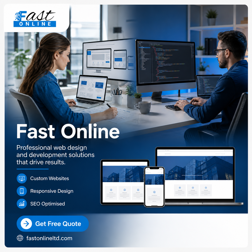 Modern office workspace with a developer using a laptop, illustrating website design and website development working together.