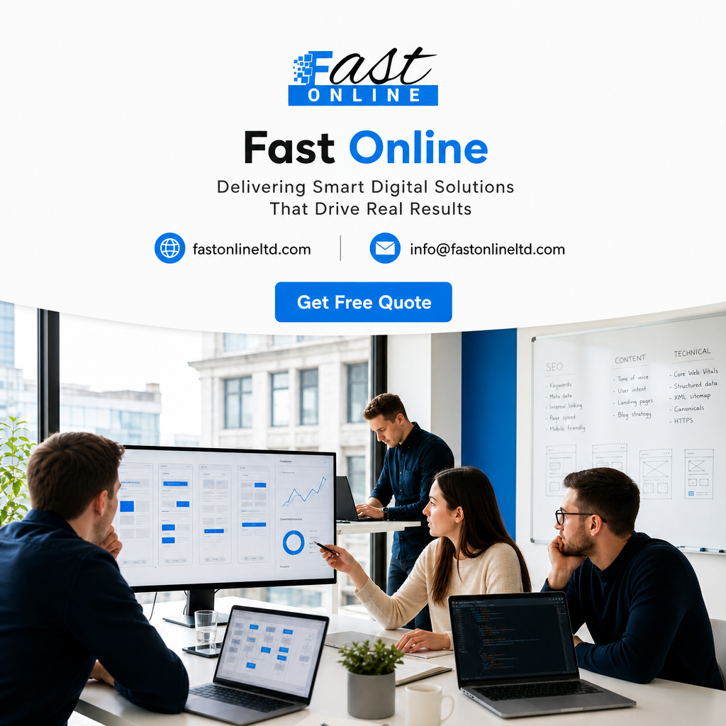 Modern office workspace with developers using laptops, representing website redesign planning, development and successful website launches.
