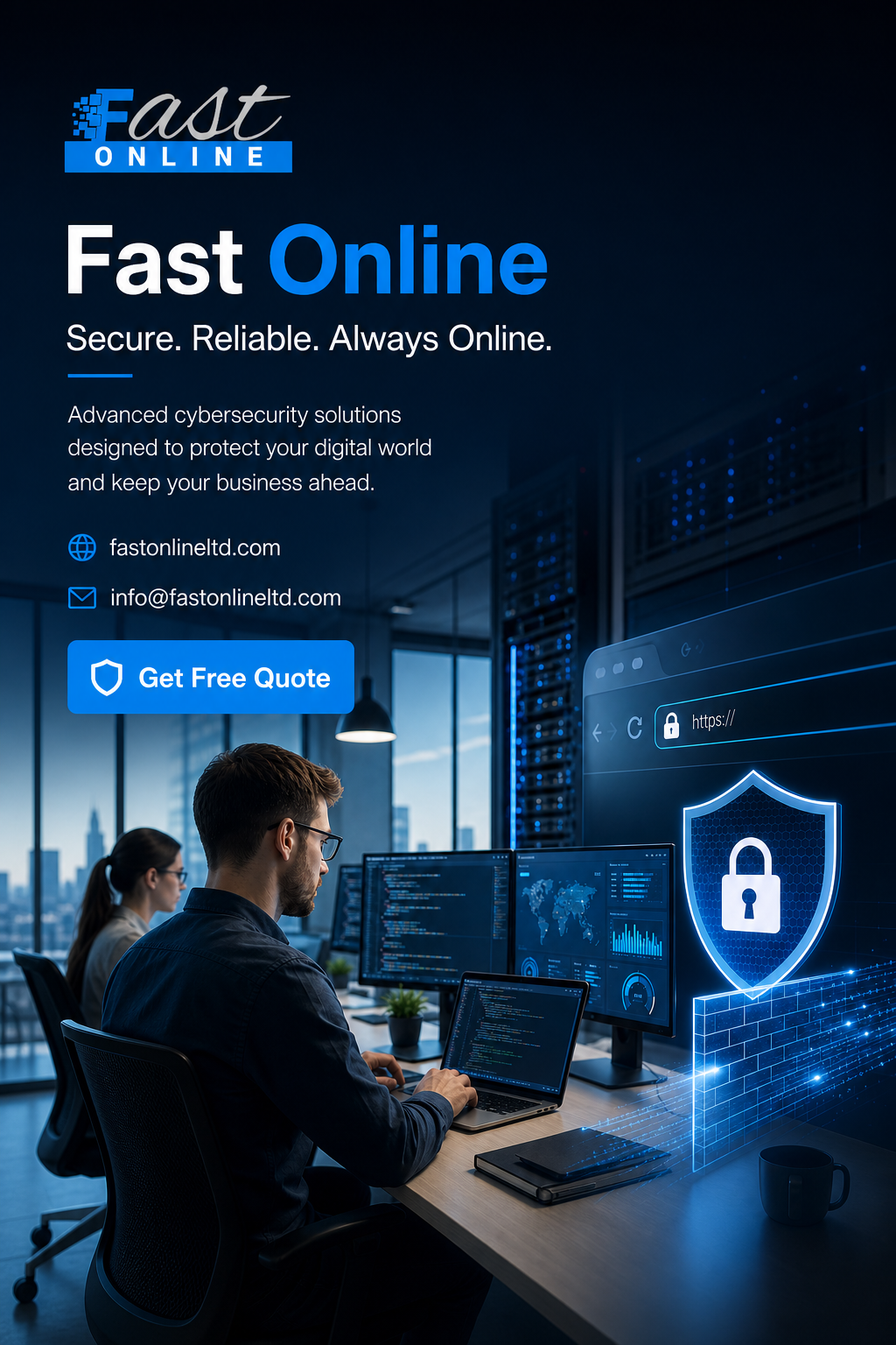 Modern office workspace with a developer using a laptop displaying website security concepts and secure development elements.