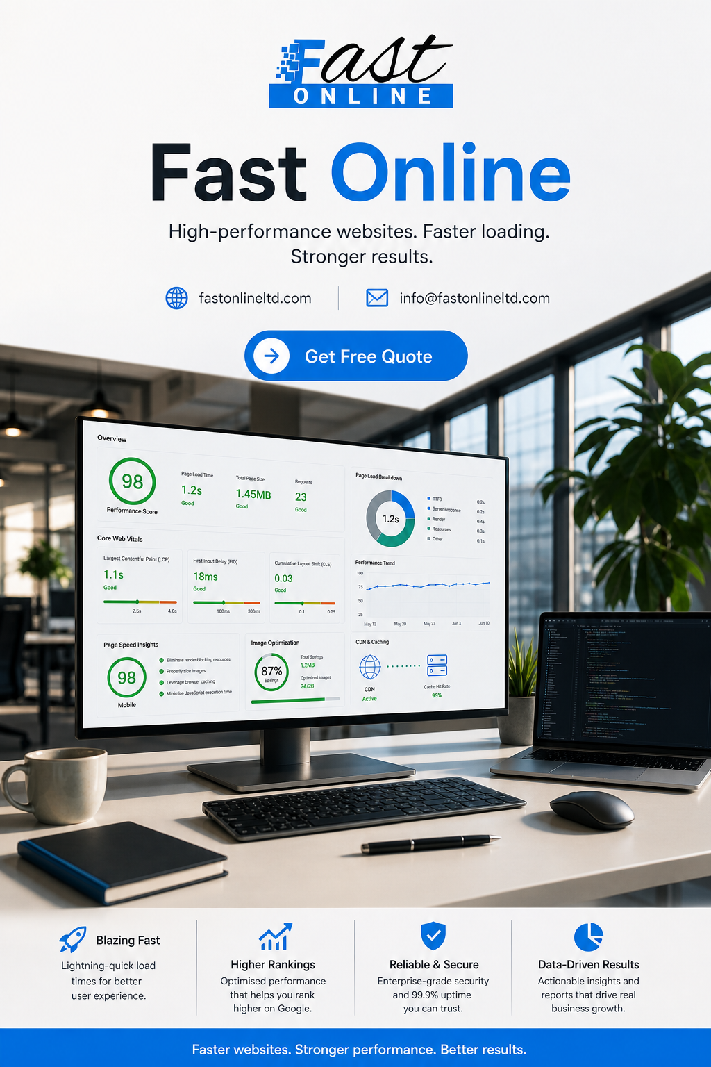 Modern office workspace with a developer using a laptop to improve website speed and performance, reflecting website optimisation best practices.