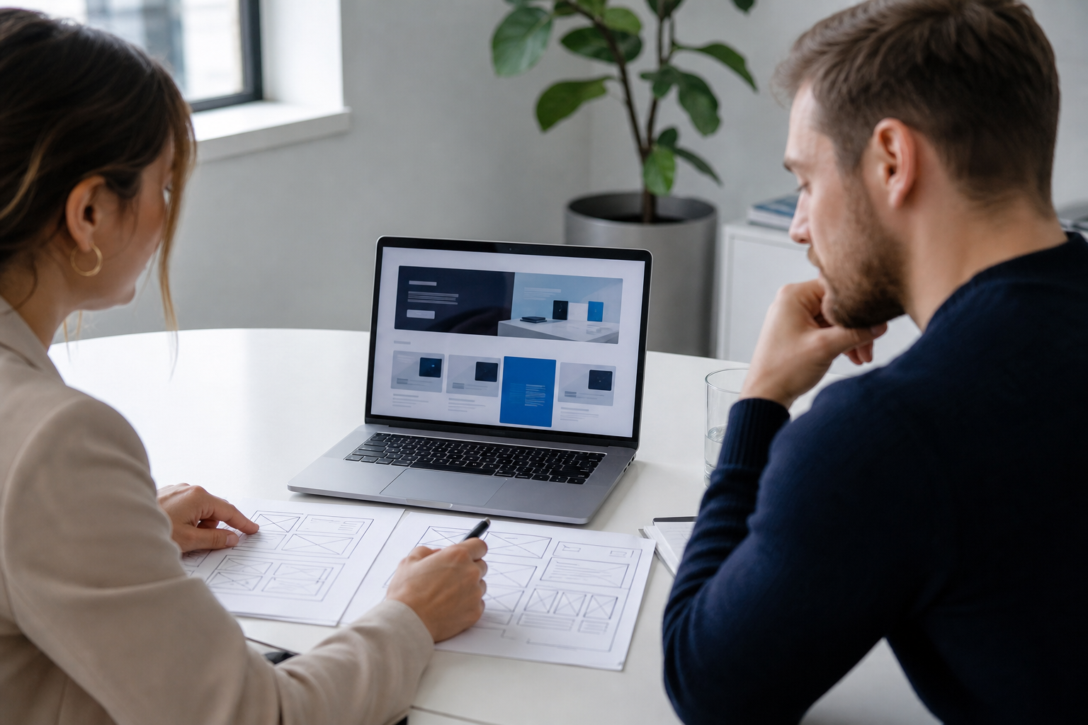 Professionals planning a business website project using wireframes and a laptop