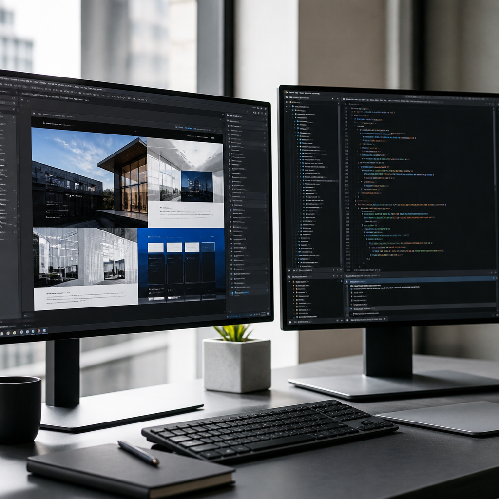 Custom website development workspace with website interface and code editor