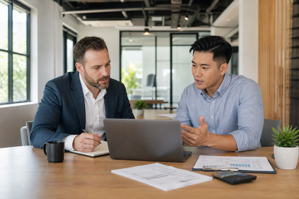 Business owner discussing website costs with a web developer in a modern office.
