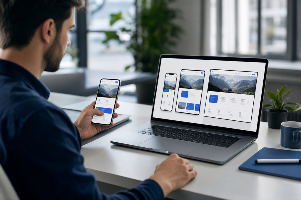 Designer creating a mobile-first website with responsive layouts across devices.
