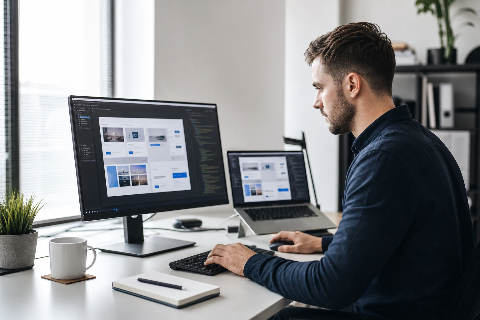 Web developer working on a responsive business website at a modern workstation