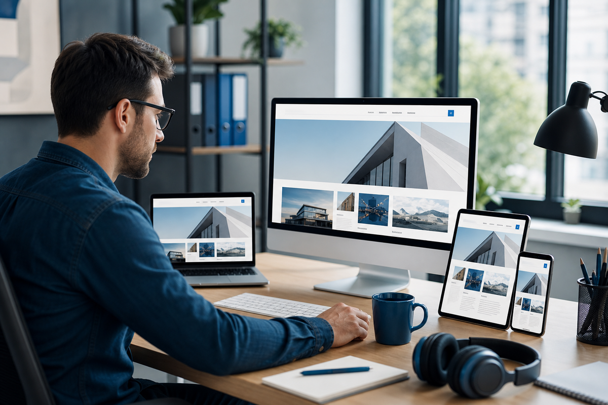 Responsive website displayed across desktop, tablet and mobile devices.