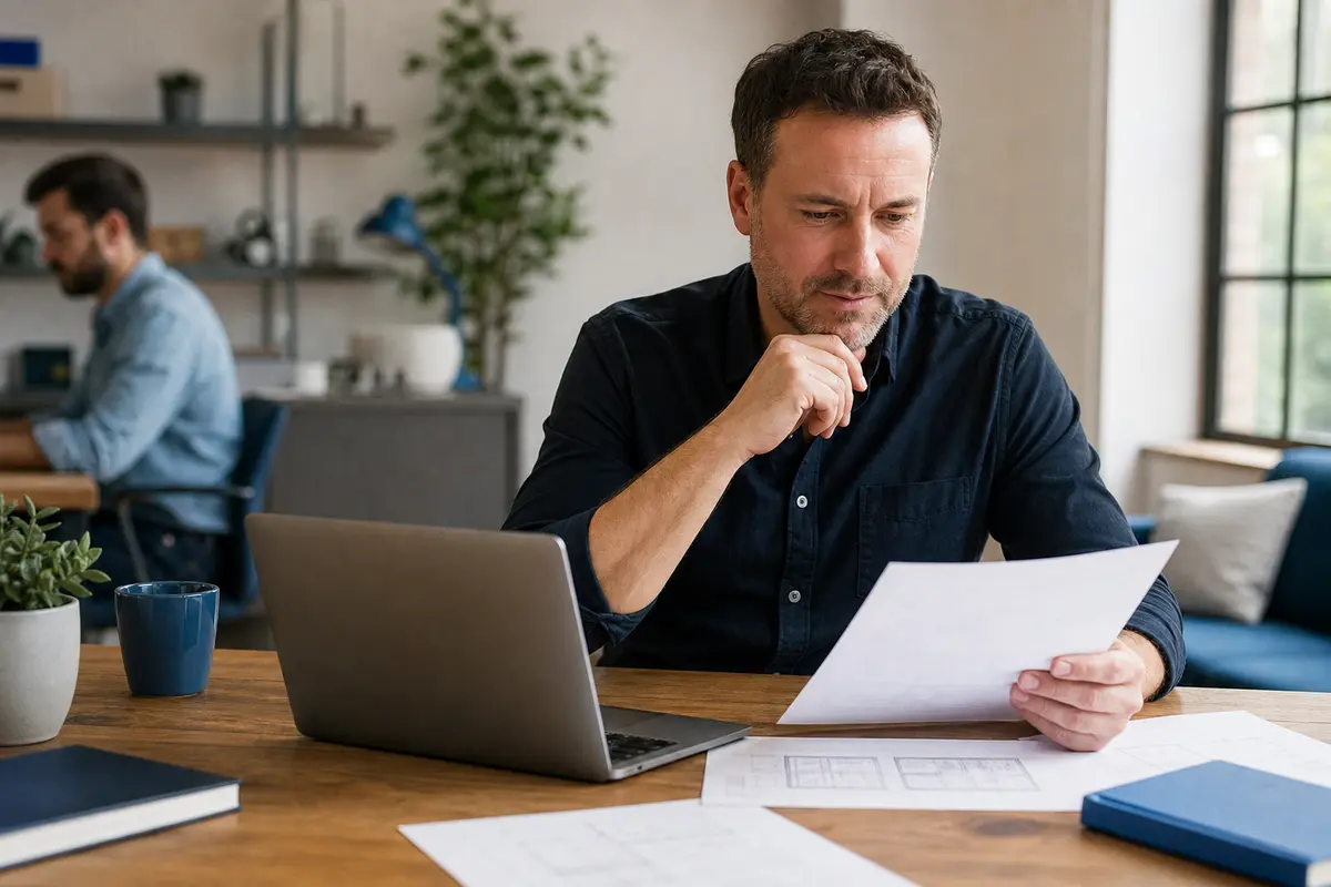 Small-business owner planning a website project in a modern office
