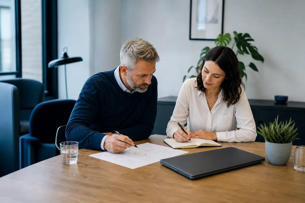 Small-business owner and web developer planning a new business website together