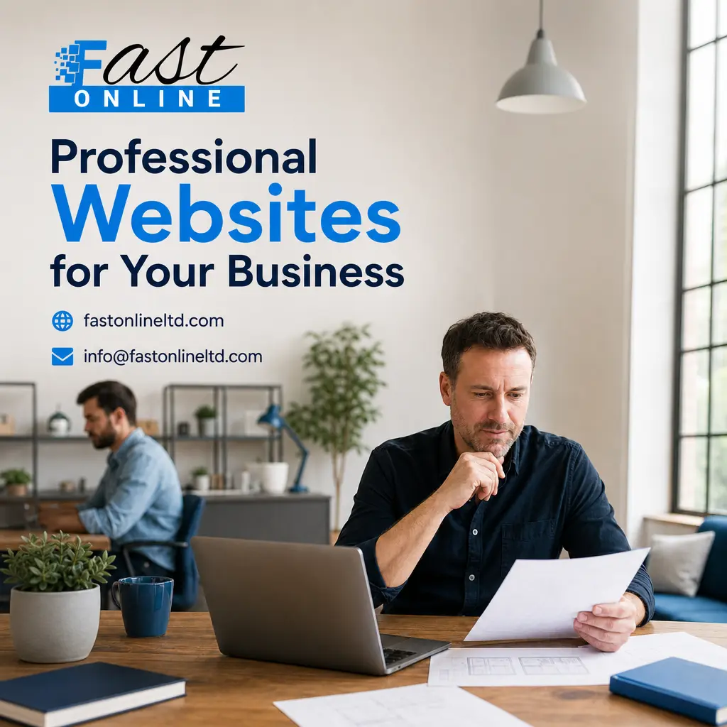 Fast Online branded visual for a UK small business website development guide covering planning, design, SEO, security and launch.