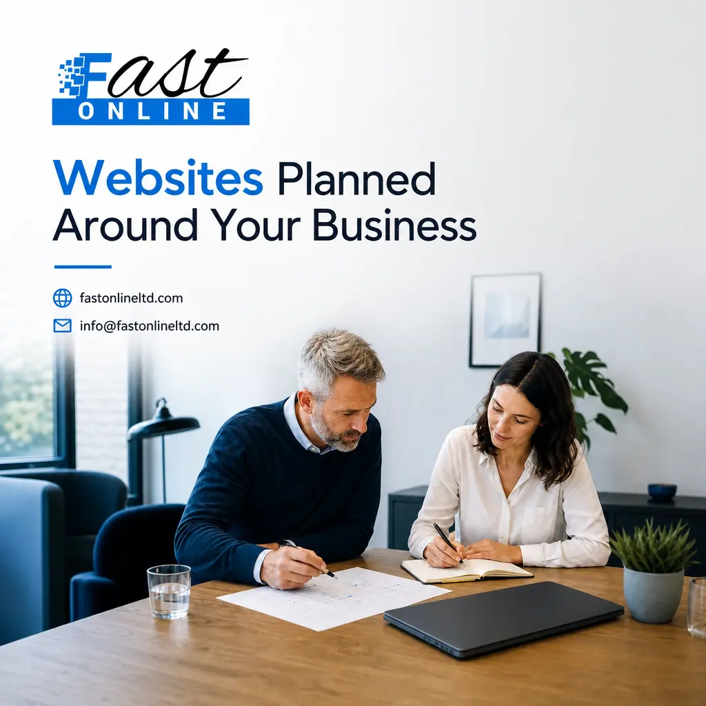 Fast Online branded visual for a UK small business website development guide covering planning, design, SEO and launch.