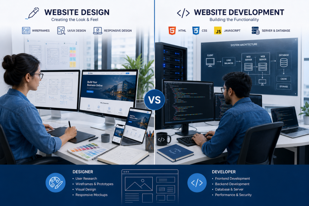 Illustration comparing website design and website development