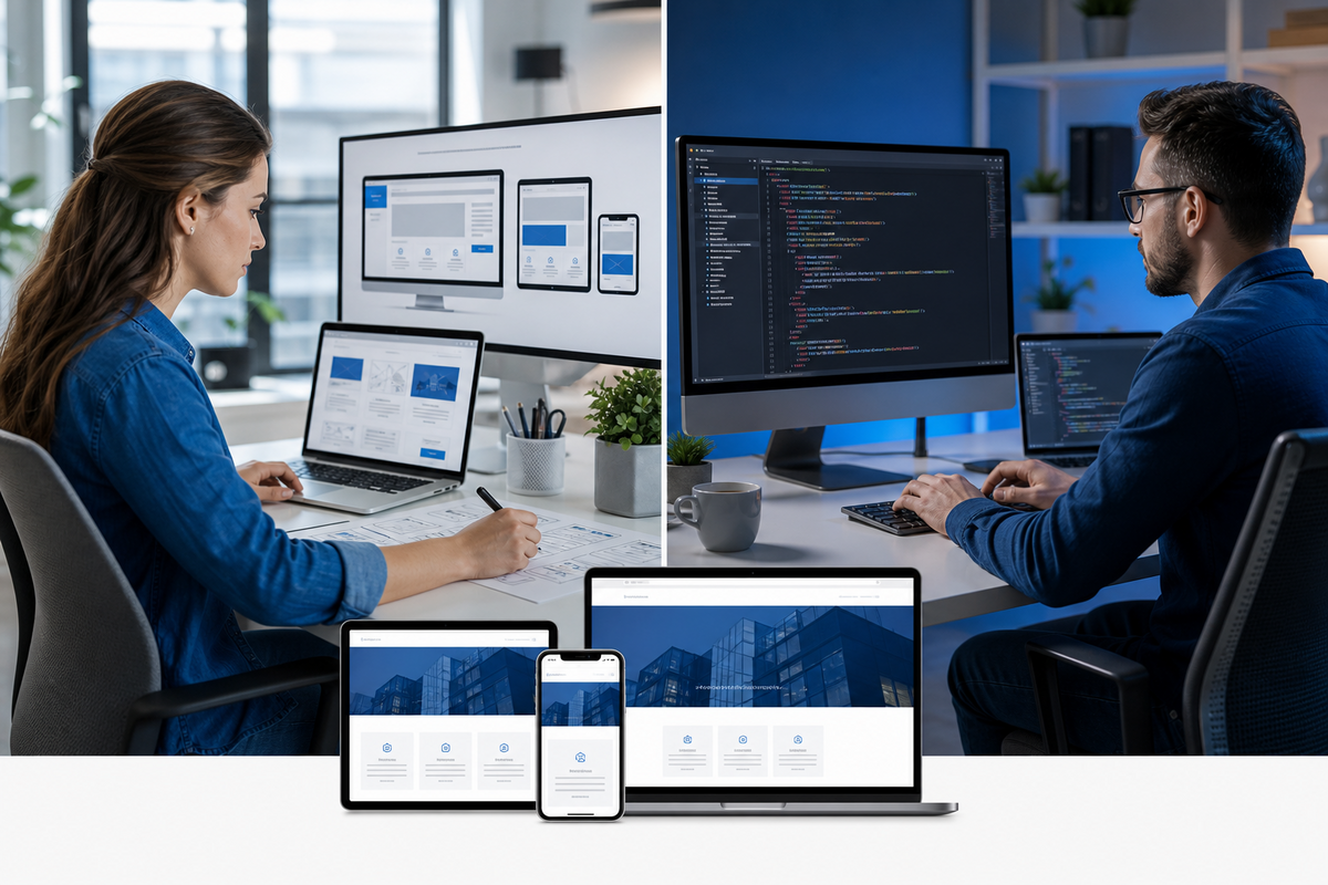 Illustration comparing website design and website development