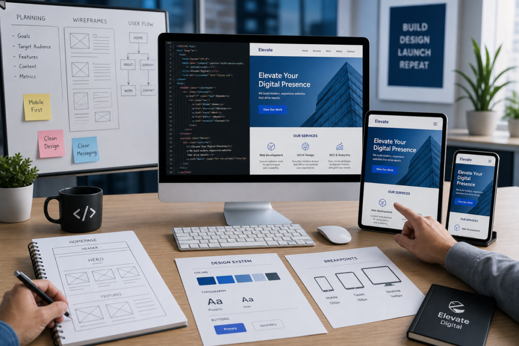 Illustration of the website development process from planning to launch.
