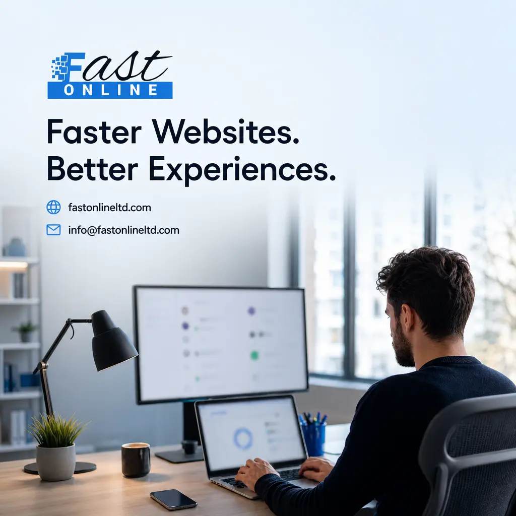 Fast Online branded visual for a website performance optimisation guide covering speed, Core Web Vitals and monitoring.