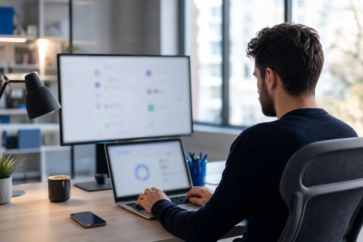 Web developer assessing website performance at a modern office workstation
