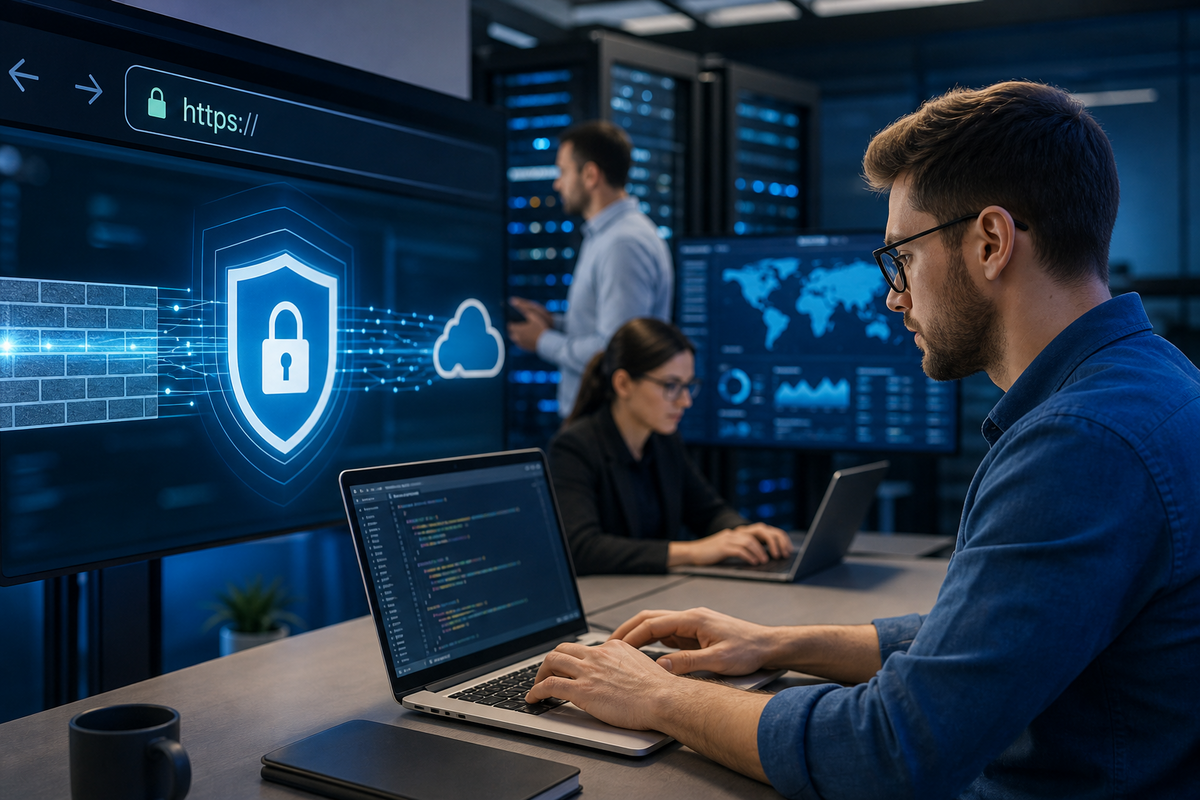Illustration of layered website security including HTTPS, firewall, encryption and monitoring.