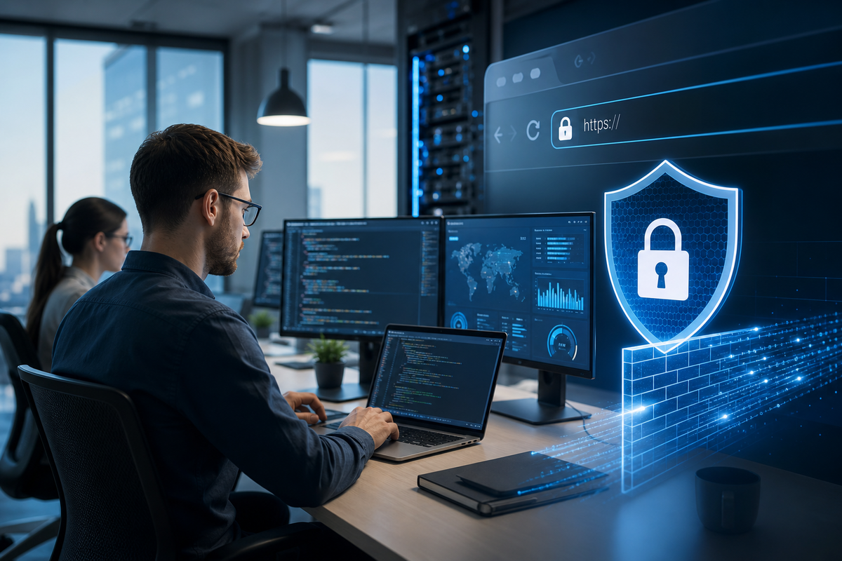 Illustration of layered website security including HTTPS, firewall, encryption and monitoring.