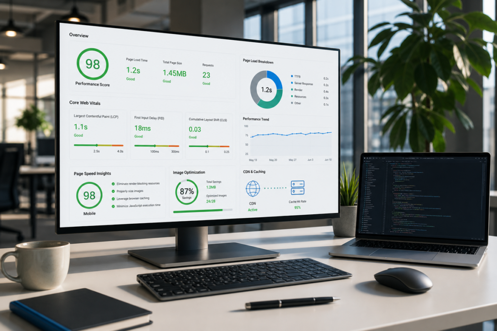 Illustration of website speed optimisation dashboard with Core Web Vitals and performance metrics.