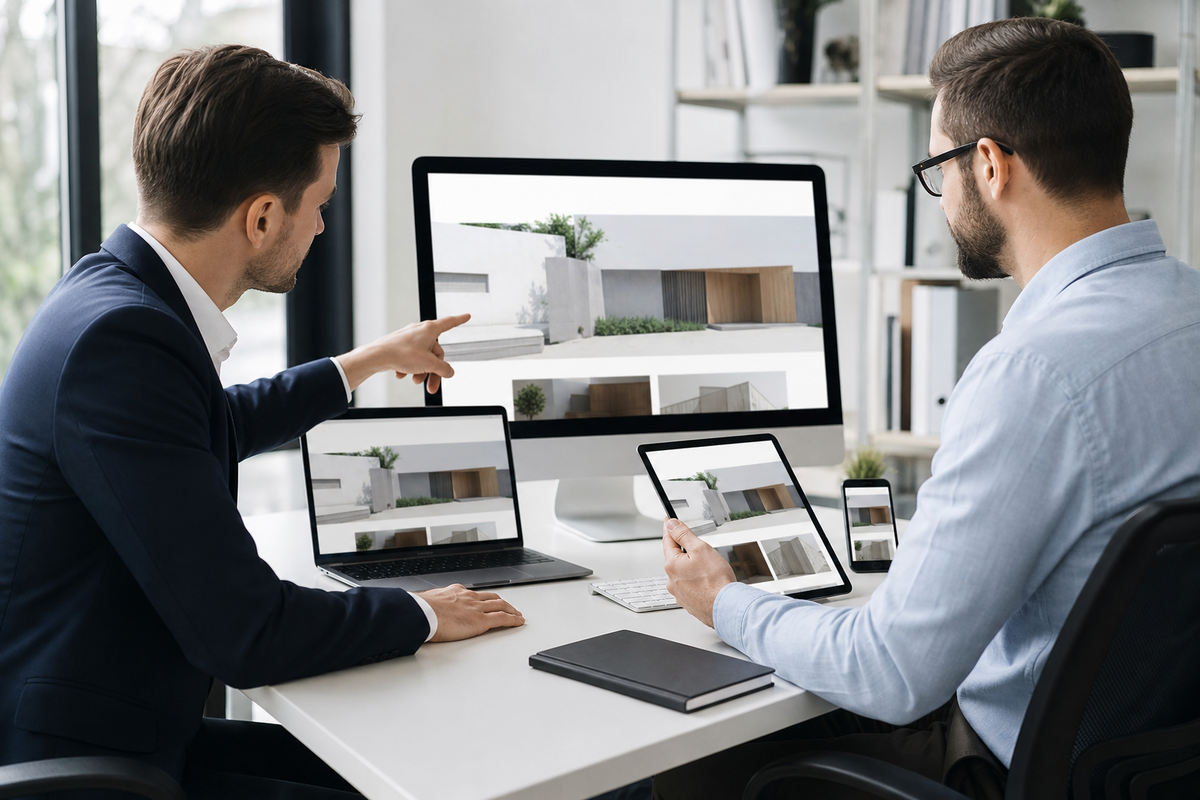 Business owner reviewing a modern professional website across multiple devices in a contemporary office.
