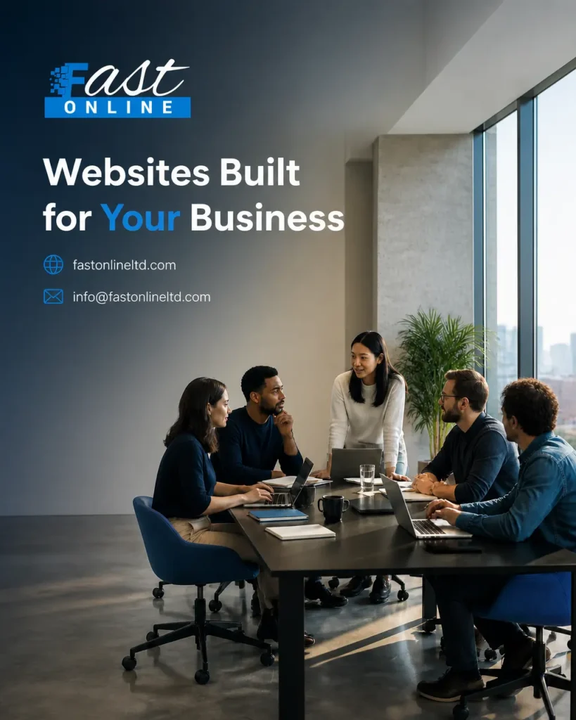 Modern office setup with developers working on a laptop for corporate website development