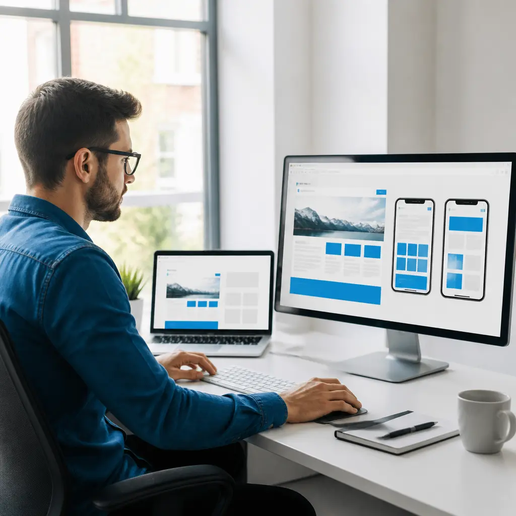 A designer working on web design layouts on a laptop and monitor