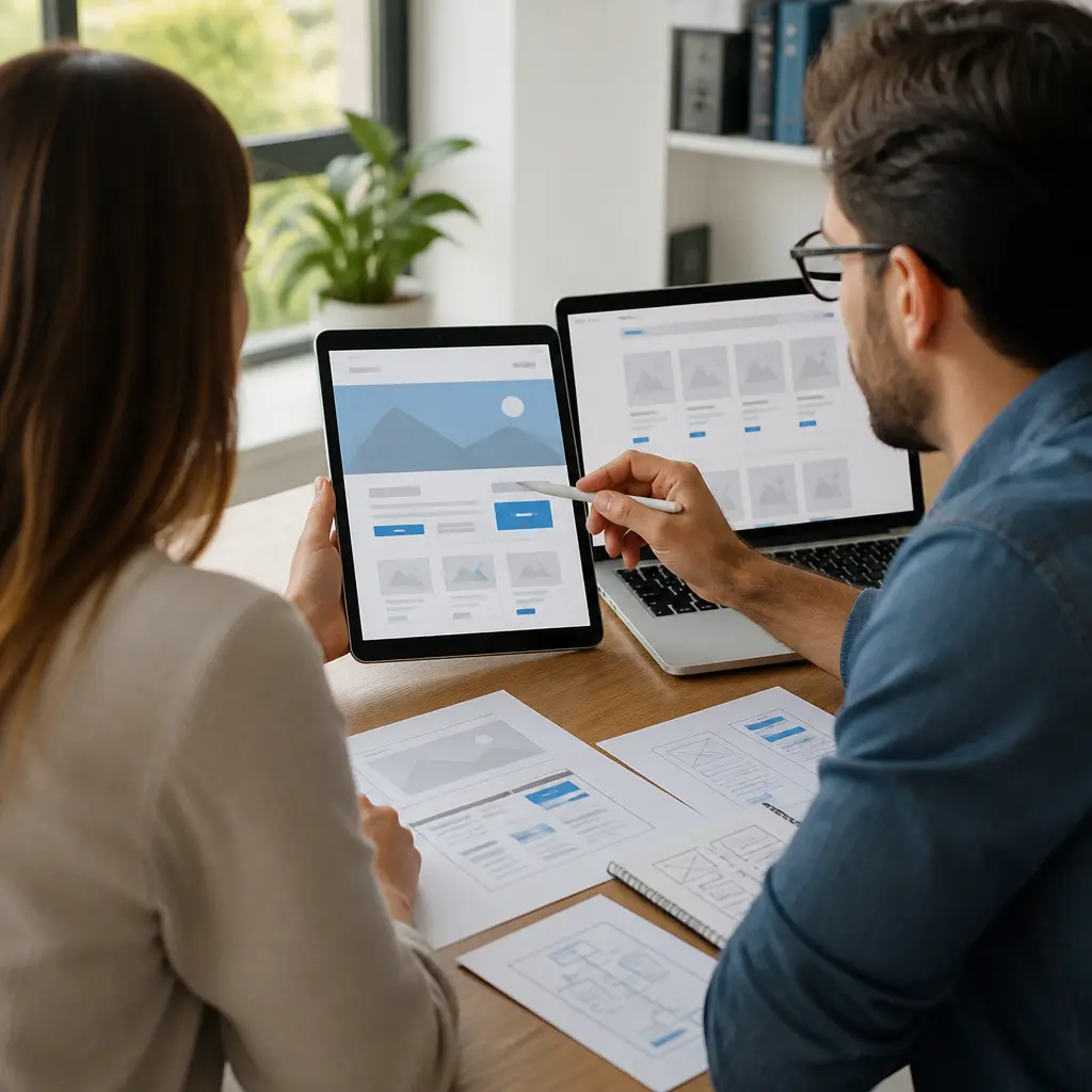 A client and developer reviewing a website design concept on a tablet
