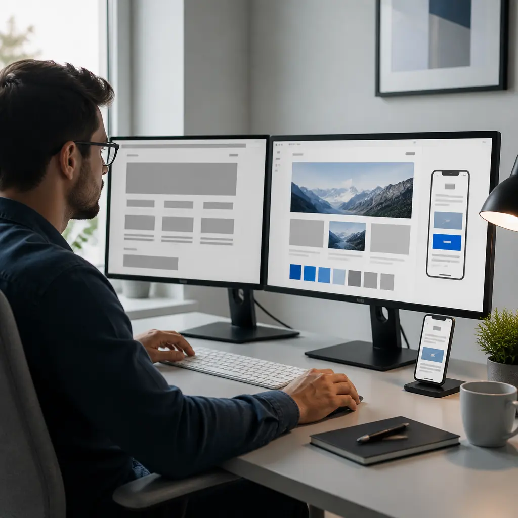 Designer reviewing responsive website redesign layouts