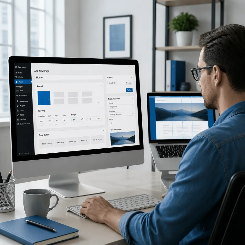 WordPress website development on a desktop workspace